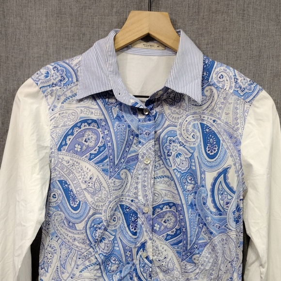 Etro Paisley Button Shirt Womens 42 Made in Italy Blue White Artsy Retro 90s Y2K - Picture 2 of 7